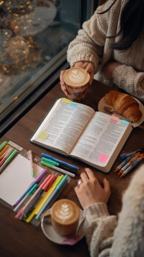 cozy coffee shop journaling and bible study moment